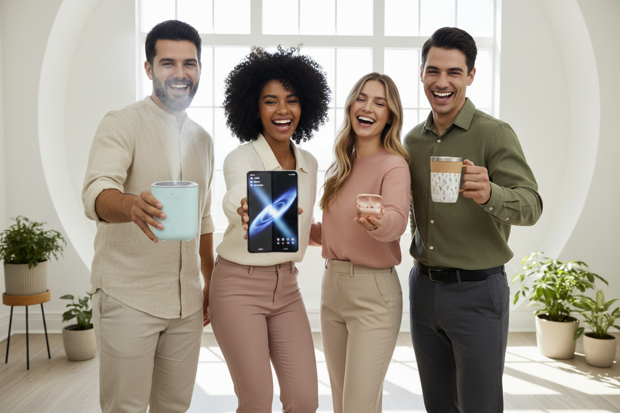 Could you generate an image for a shop that will sell trending products? It needs to contain one person or people holding products at hand